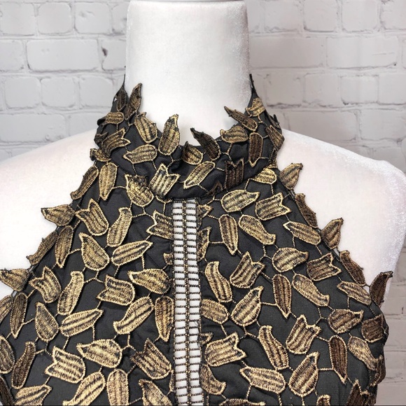 Bardot Black with Gold Leaf Lace Halter Dress 8 - Picture 5 of 14